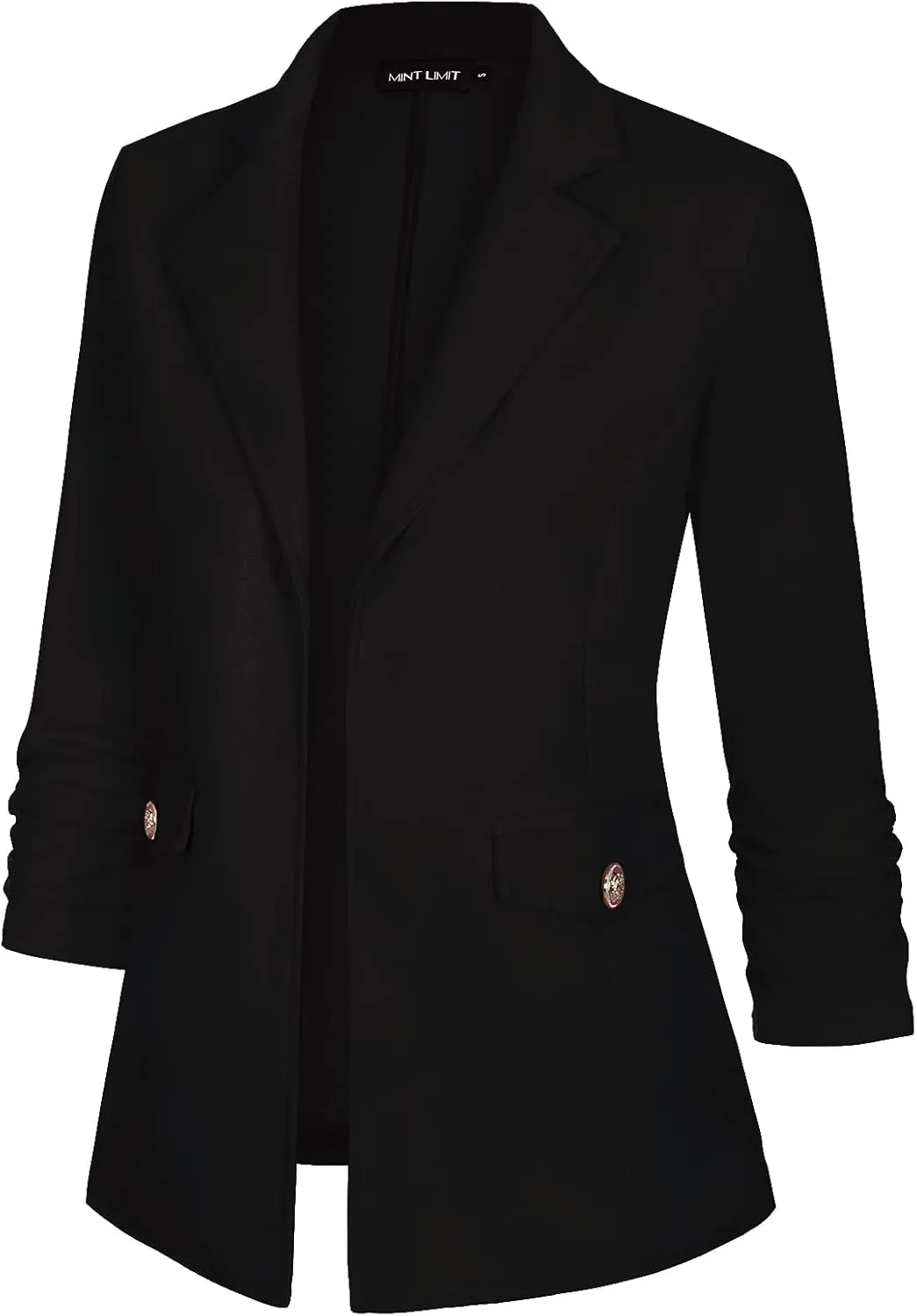 MINTLIMIT Women's Open Front Blazers Ruched 3/4 Sleeve Work Office Blazer Notch Collar Lightweight Jacket with Pockets