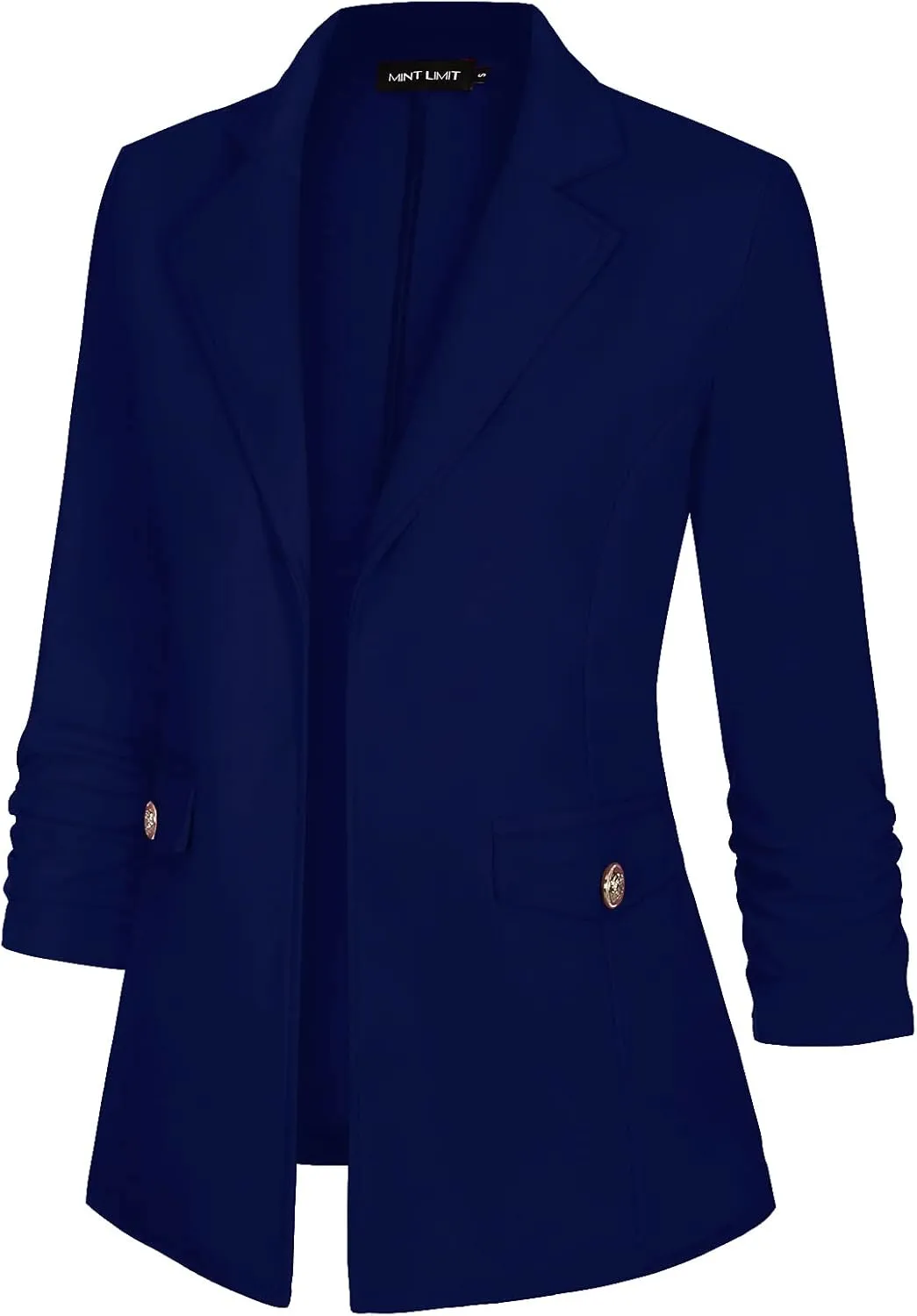 MINTLIMIT Women's Open Front Blazers Ruched 3/4 Sleeve Work Office Blazer Notch Collar Lightweight Jacket with Pockets