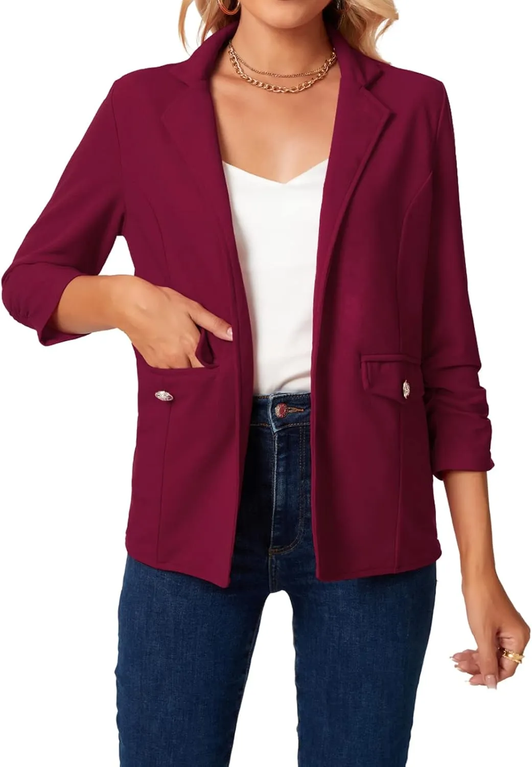 MINTLIMIT Women's Open Front Blazers Ruched 3/4 Sleeve Work Office Blazer Notch Collar Lightweight Jacket with Pockets
