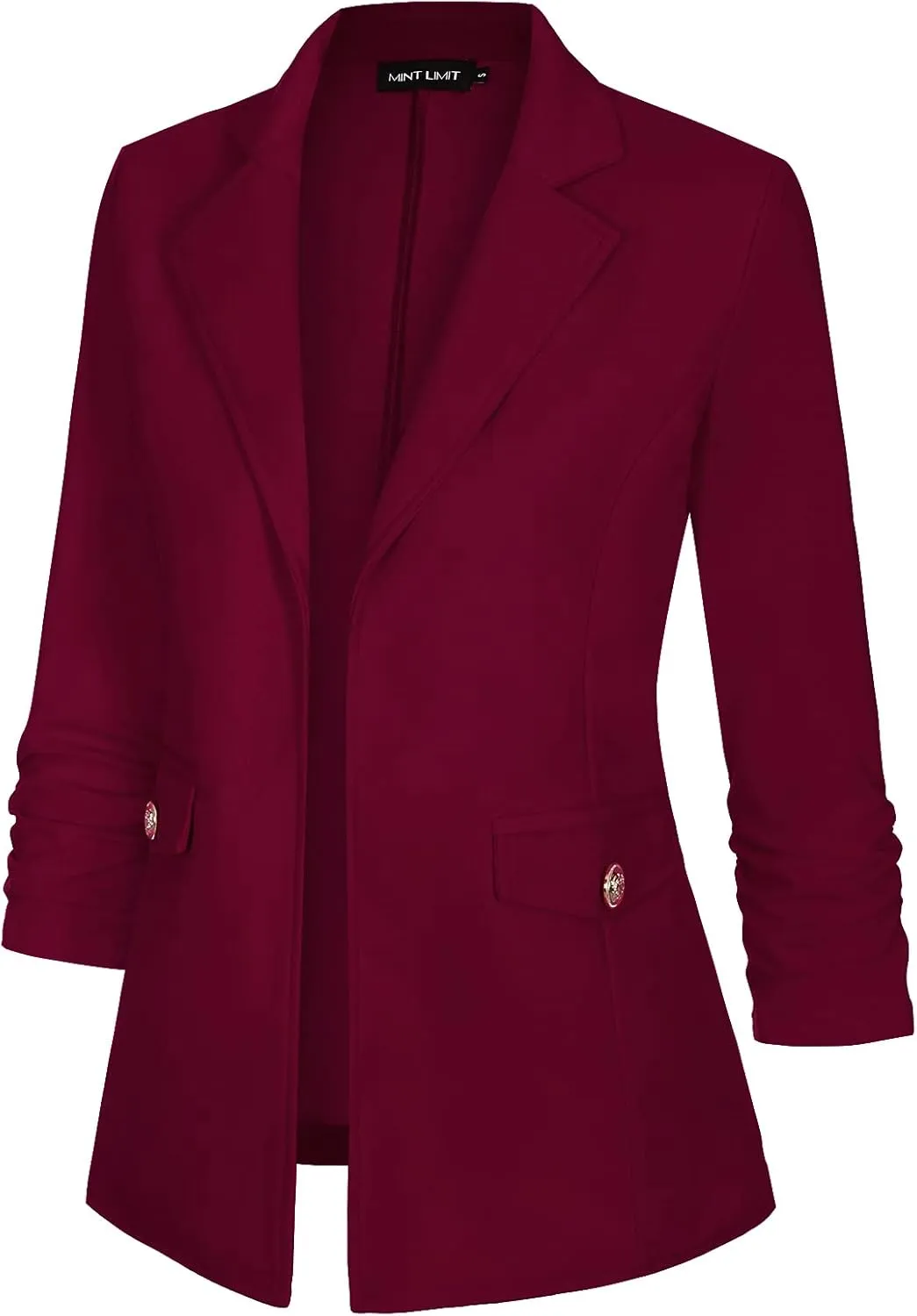 MINTLIMIT Women's Open Front Blazers Ruched 3/4 Sleeve Work Office Blazer Notch Collar Lightweight Jacket with Pockets