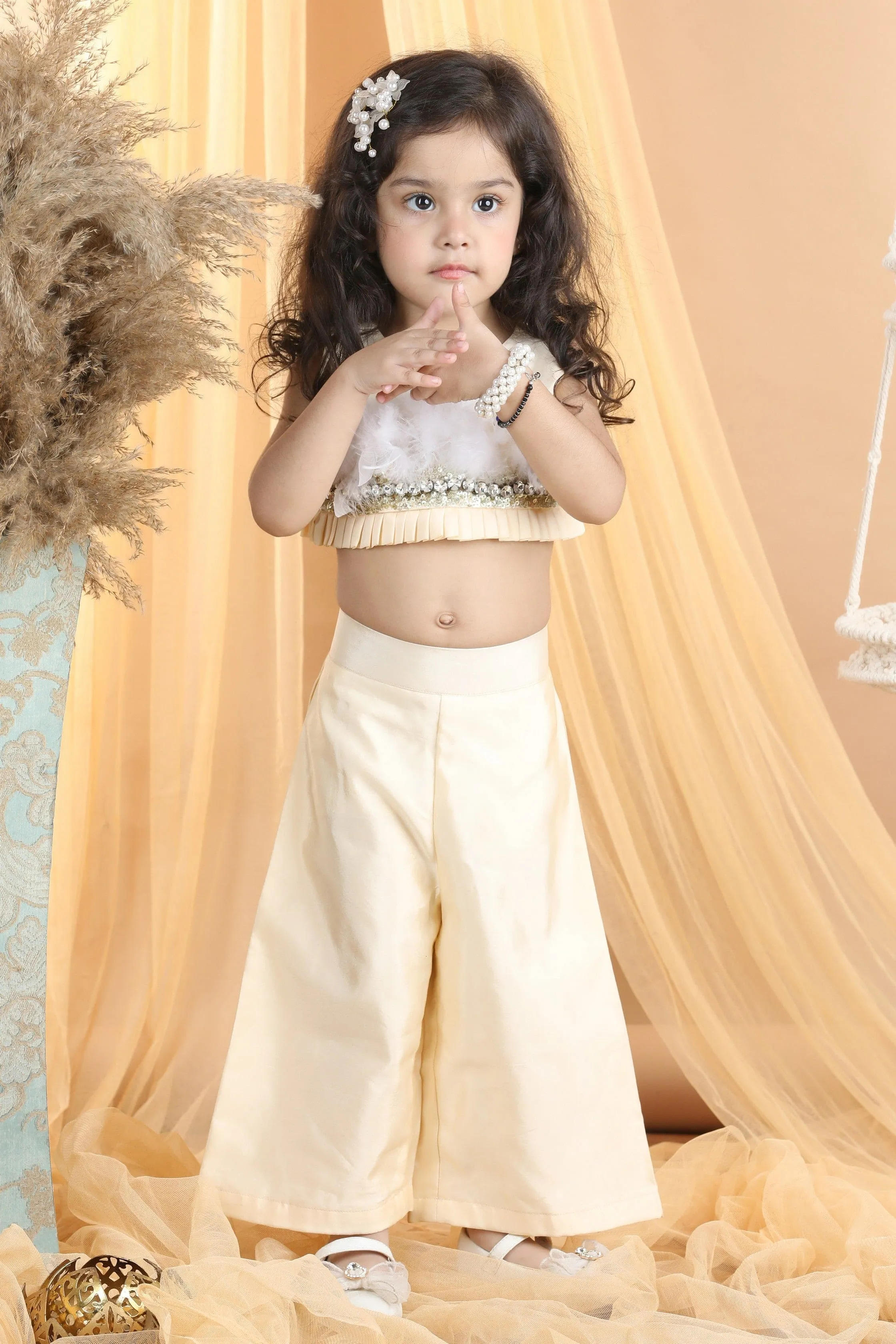 Pre-Order: Embroidered Top with Fur and Palazzo Pants