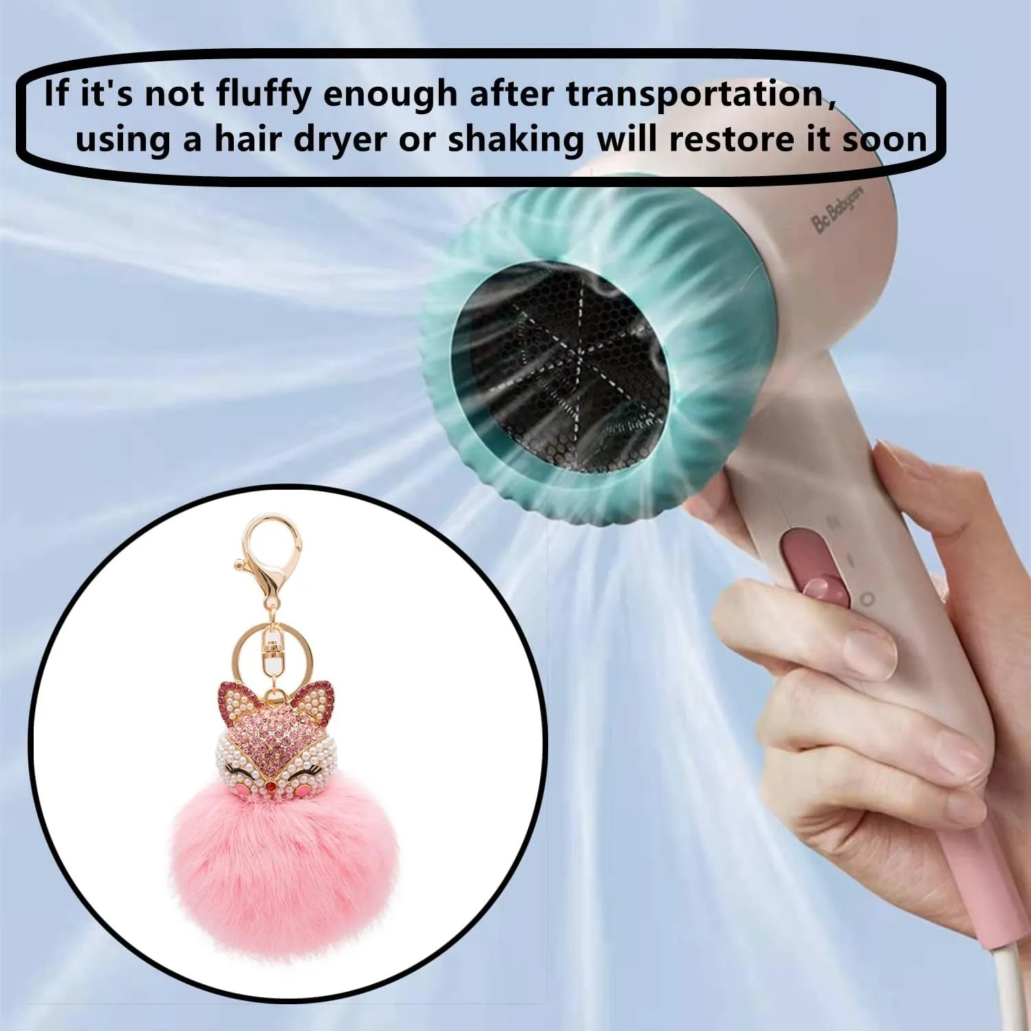 Rabbit Fur Ball Pom Pom Keychain with Fox Head Inlay Pearl Rhinestone for Women Backpack Car Key Chain Decoration