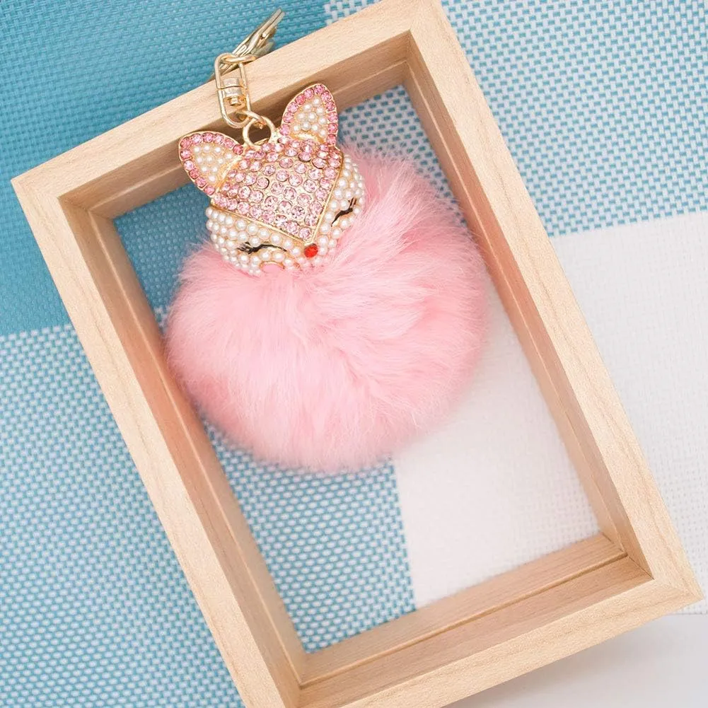 Rabbit Fur Ball Pom Pom Keychain with Fox Head Inlay Pearl Rhinestone for Women Backpack Car Key Chain Decoration