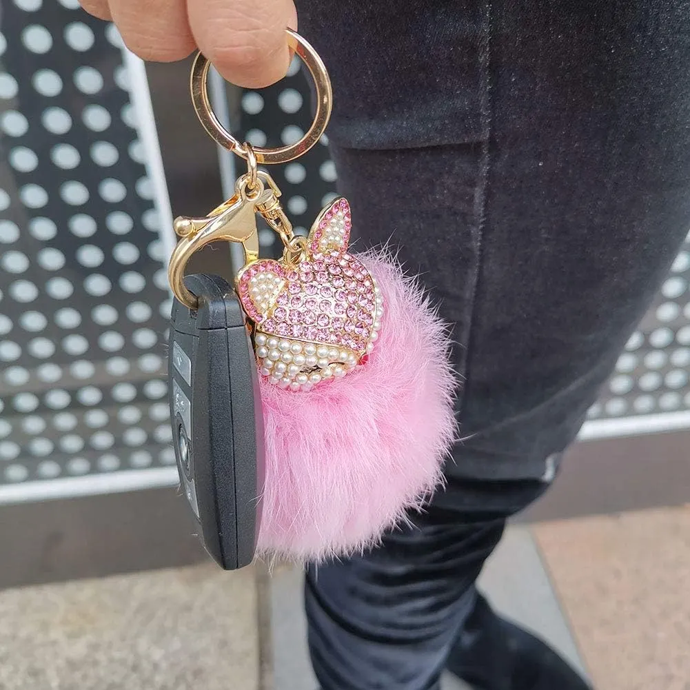 Rabbit Fur Ball Pom Pom Keychain with Fox Head Inlay Pearl Rhinestone for Women Backpack Car Key Chain Decoration