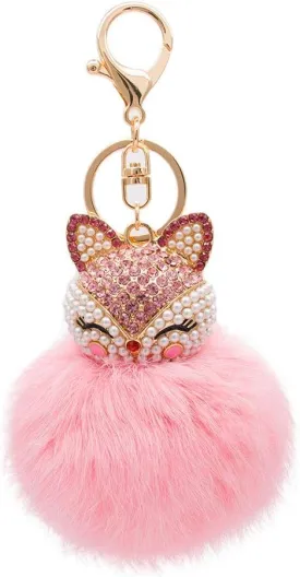 Rabbit Fur Ball Pom Pom Keychain with Fox Head Inlay Pearl Rhinestone for Women Backpack Car Key Chain Decoration