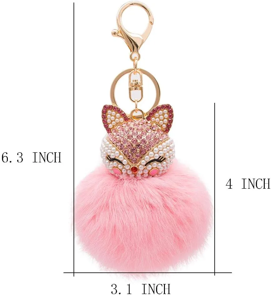 Rabbit Fur Ball Pom Pom Keychain with Fox Head Inlay Pearl Rhinestone for Women Backpack Car Key Chain Decoration