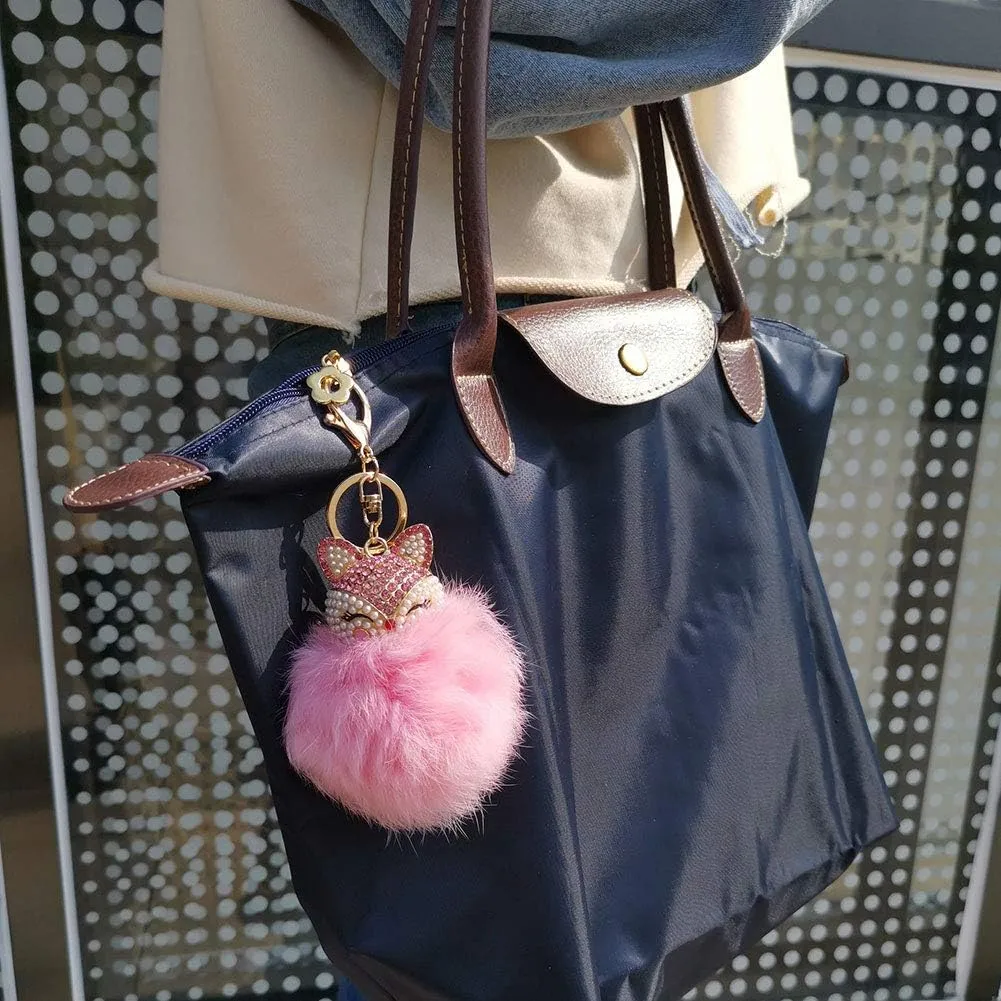 Rabbit Fur Ball Pom Pom Keychain with Fox Head Inlay Pearl Rhinestone for Women Backpack Car Key Chain Decoration