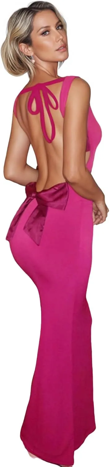 RARITYUS Women's Sexy Cowl Neck Backless Maxi Dress Elegant Satin Bowknot Long Dress Cocktail Party Evening Gown