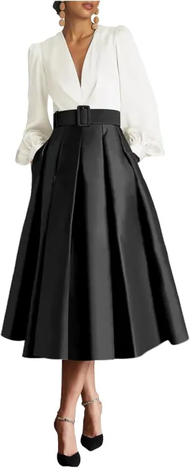 Satin Tea Length Prom Dresses for Women Long Sleeves Elegant Evening Gown A Line Wedding Guest Dress with Pocktes