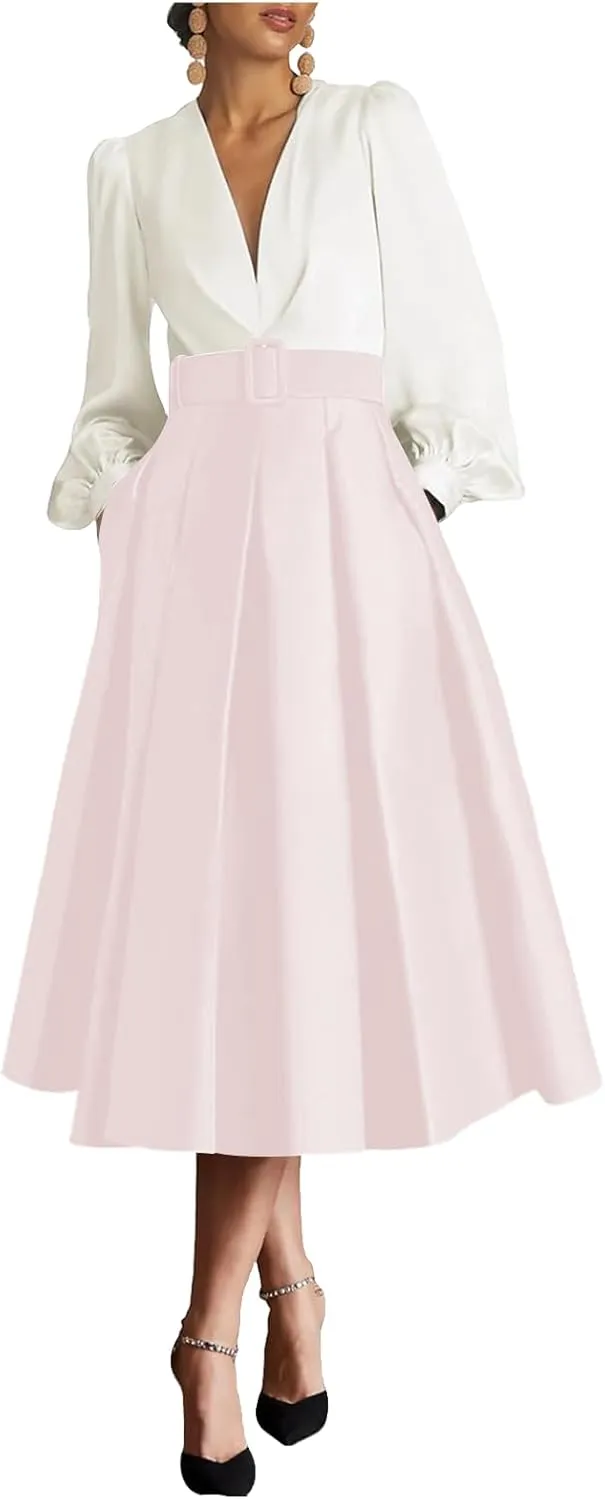 Satin Tea Length Prom Dresses for Women Long Sleeves Elegant Evening Gown A Line Wedding Guest Dress with Pocktes