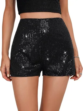 Sequin High Waist Elastic Sparkly Straight Leg Shorts for Women - Glitter Sparkle Solid Party Shorts