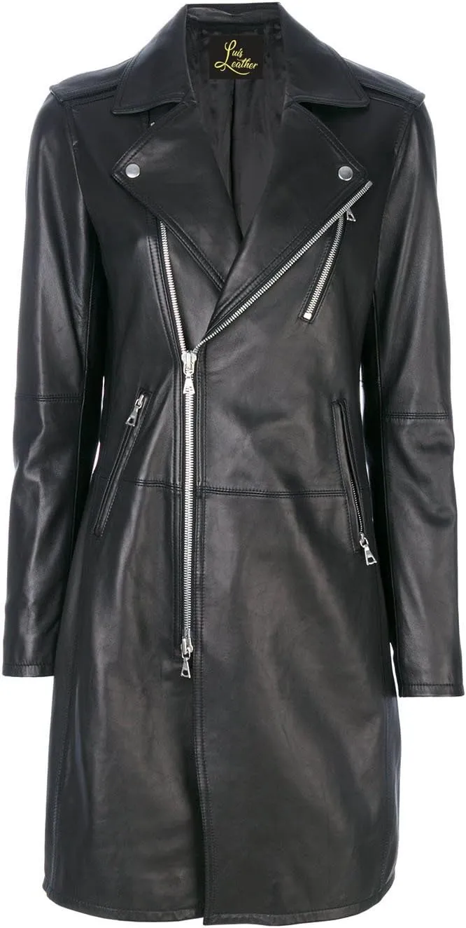 SID Women's Embedded Long & Shiny Black Lambskin Leather Jacket