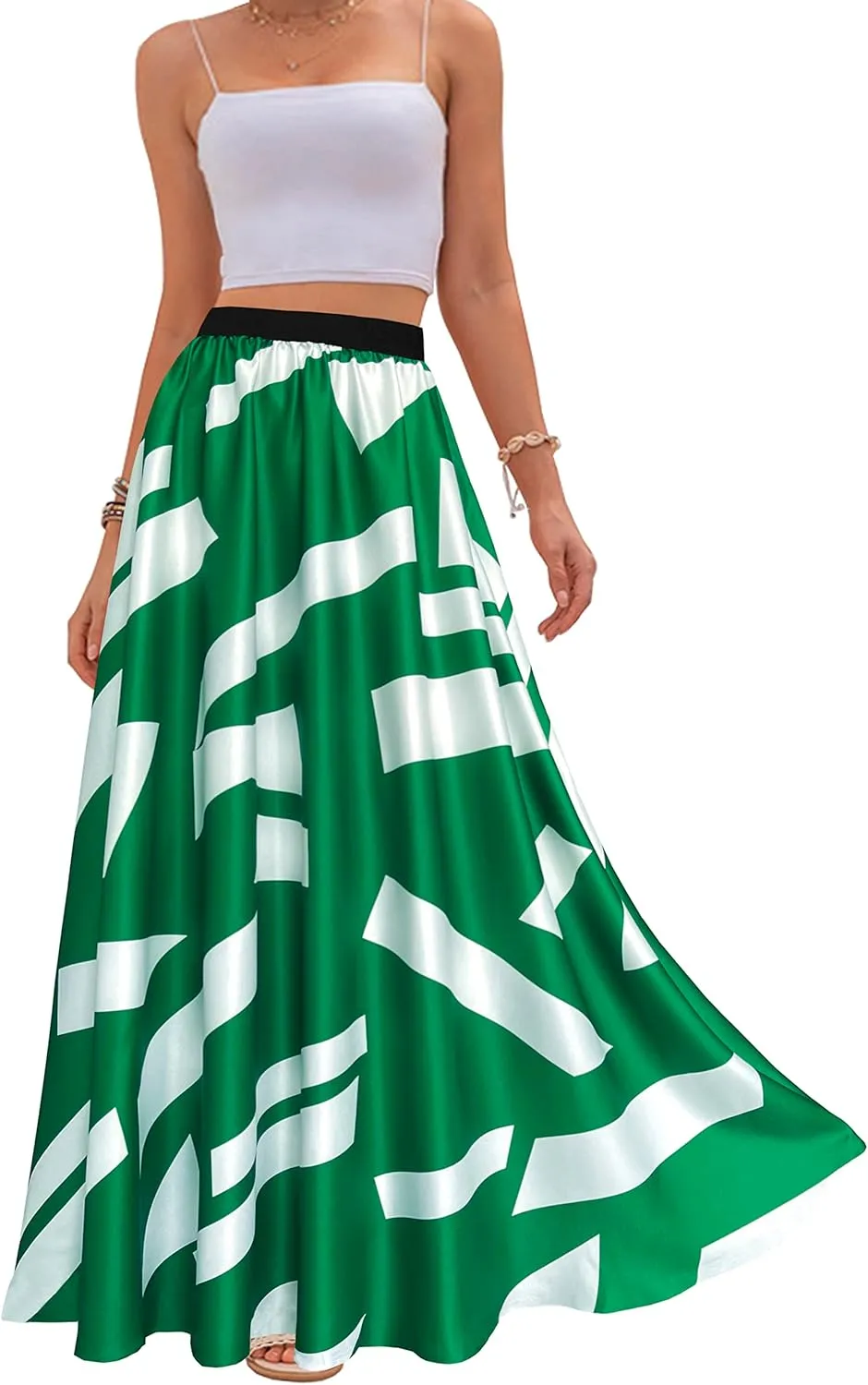 Sinono Women's Chiffon Stripe Maxi Skirt High Waist Mopping Floor Skirts
