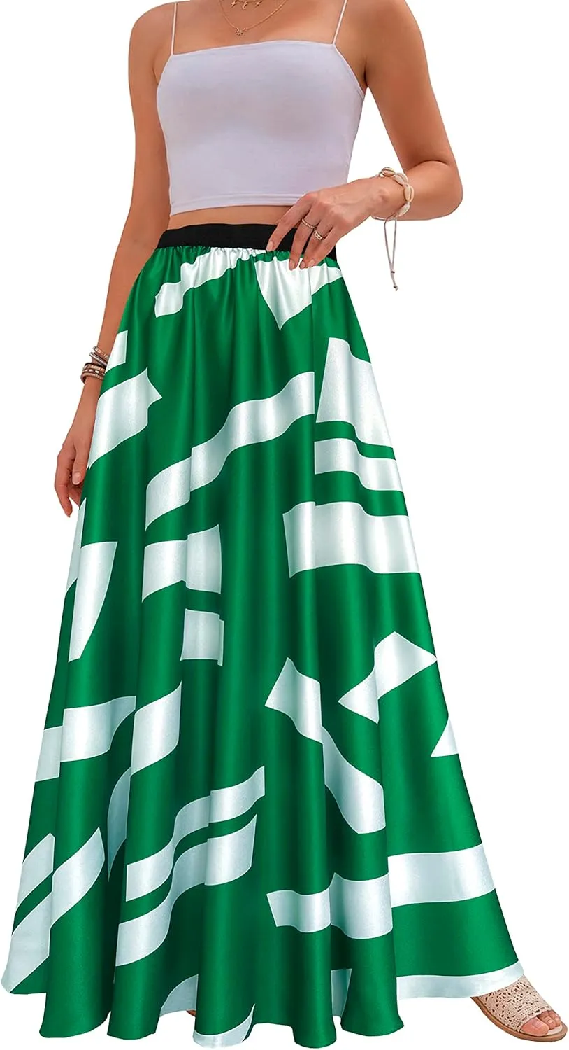 Sinono Women's Chiffon Stripe Maxi Skirt High Waist Mopping Floor Skirts