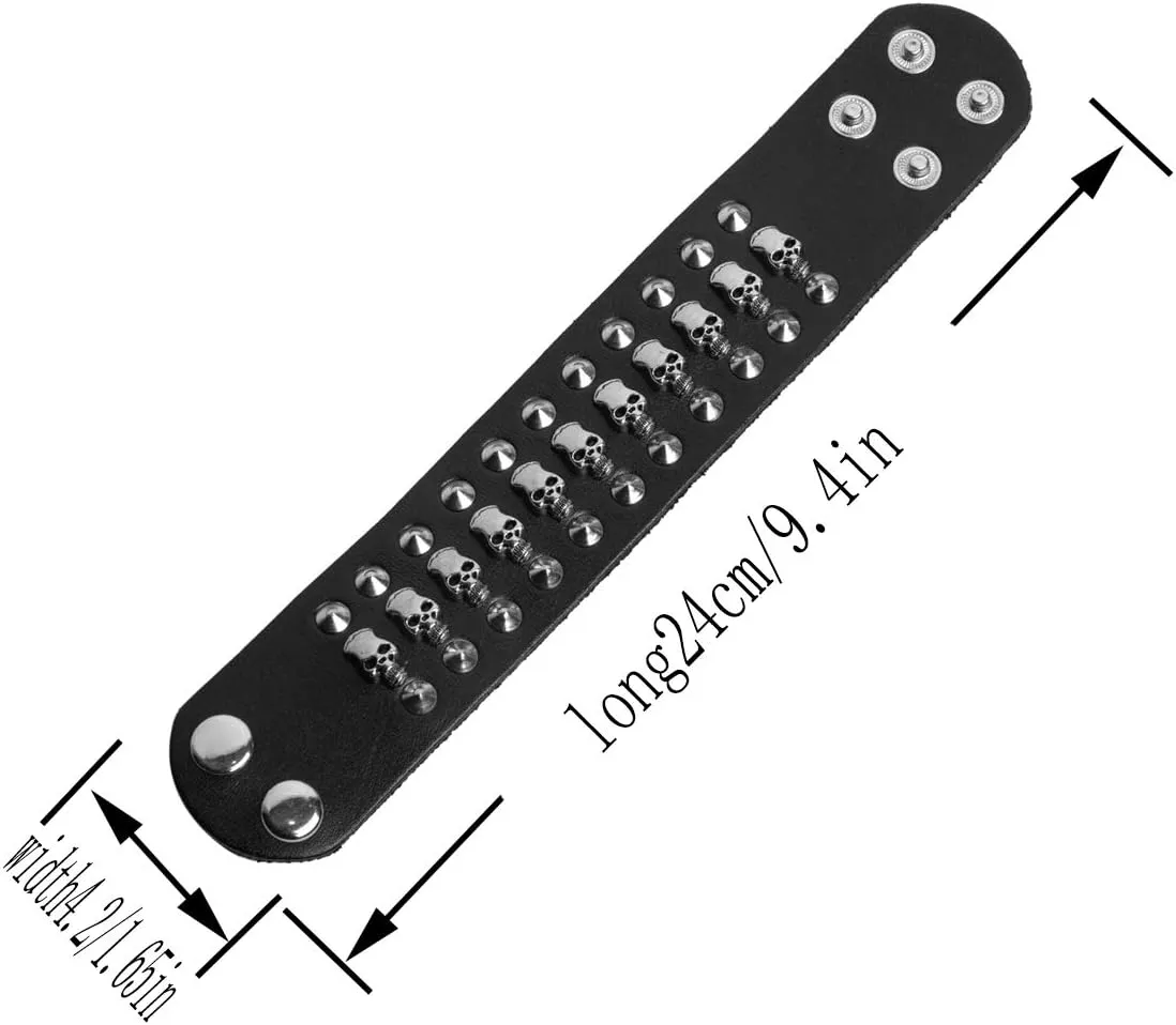 STWTR Black metal rivets studs punk rock biker wide belt leather bracelet guard wrist strap skull