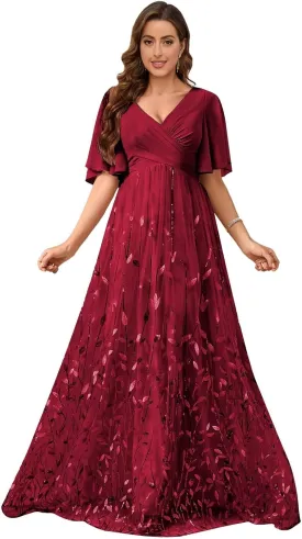 V Neck Mother of The Bride Dresses with Sleeves Floral Sequin Formal Dress Empire Waist Wedding Guest Dress