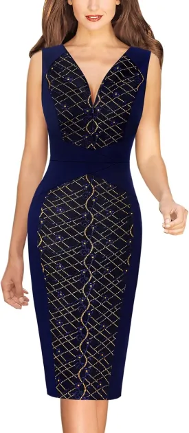VFSHOW Womens Elegant V Neck Front Zipper Up Slim Fitted Work Business Office Bodycon Pencil Sheath Dress