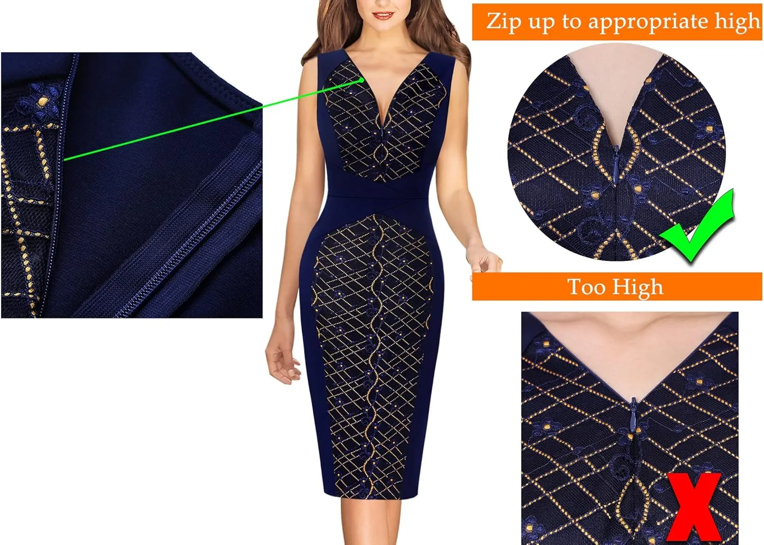 VFSHOW Womens Elegant V Neck Front Zipper Up Slim Fitted Work Business Office Bodycon Pencil Sheath Dress