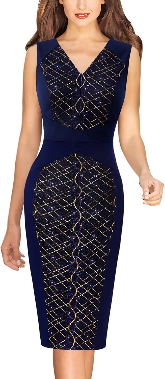 VFSHOW Womens Elegant V Neck Front Zipper Up Slim Fitted Work Business Office Bodycon Pencil Sheath Dress