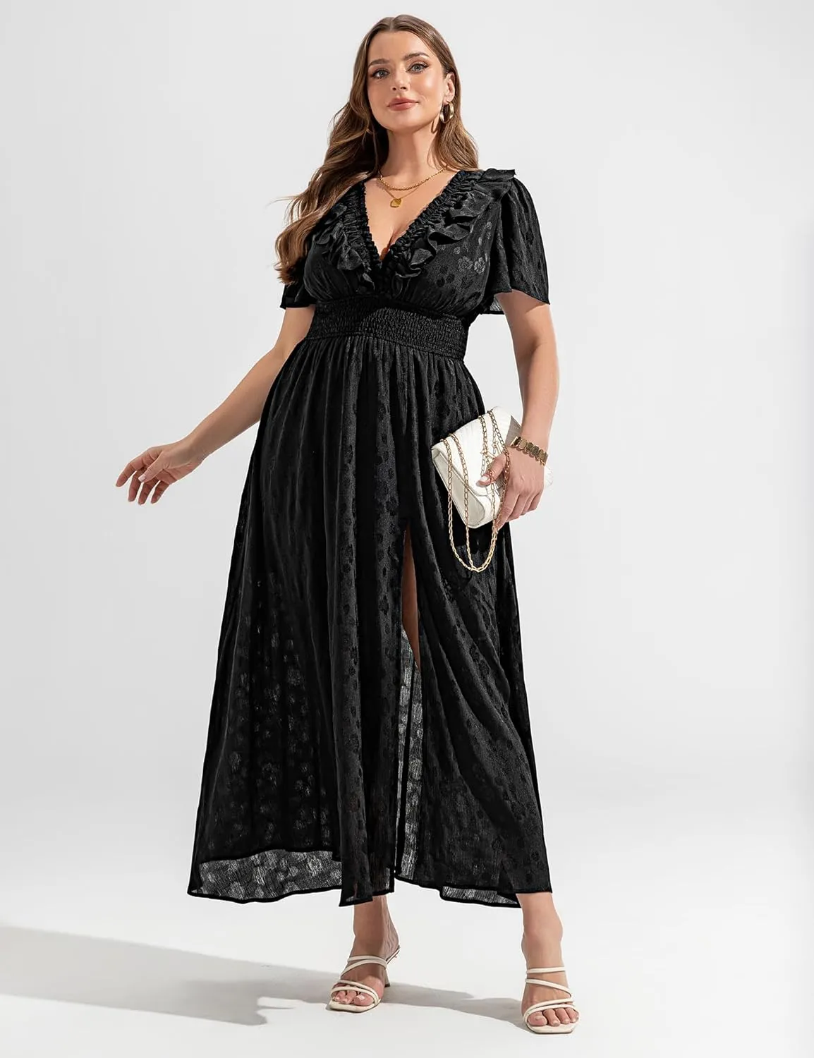 Wedding Guest Dresses for Women 2025 Elegant Classy Cocktail Gown Short Flutter Sleeve Floral Summer Maxi Dress