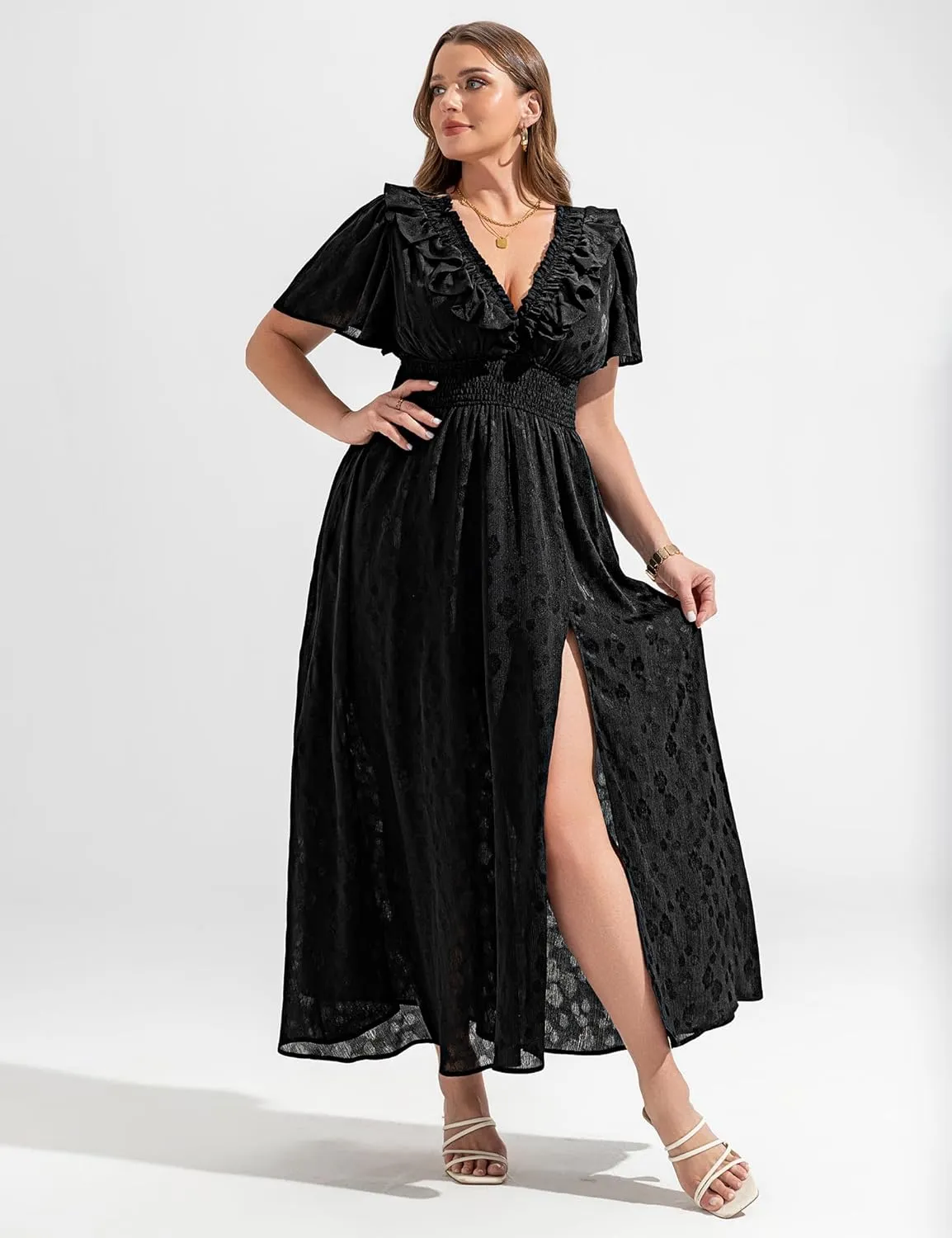 Wedding Guest Dresses for Women 2025 Elegant Classy Cocktail Gown Short Flutter Sleeve Floral Summer Maxi Dress