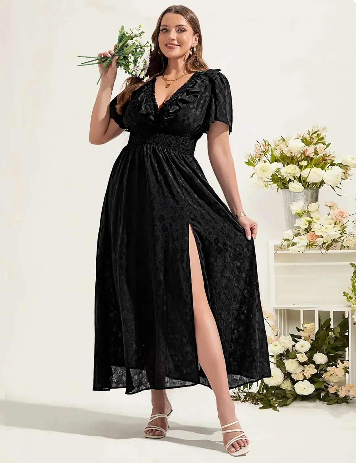 Wedding Guest Dresses for Women 2025 Elegant Classy Cocktail Gown Short Flutter Sleeve Floral Summer Maxi Dress