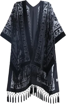 WeHello Women's Burnout Velvet Kimono Long Cardigan Cover Up with Tassel Solid Black