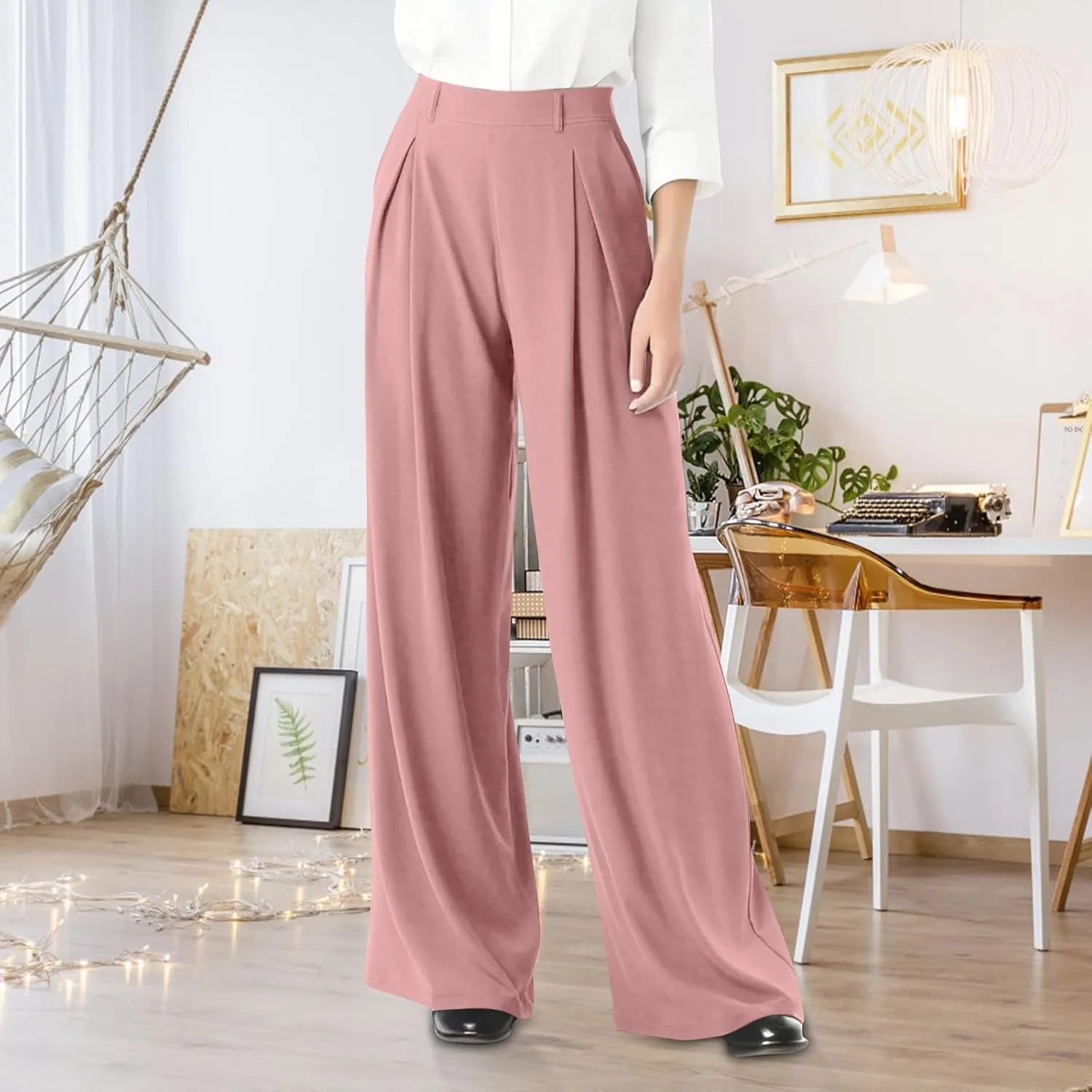 Wide Leg Pants for Women Business Palazzo Pants Lightweight High Waist Button Regular Long Trousers with Pockets