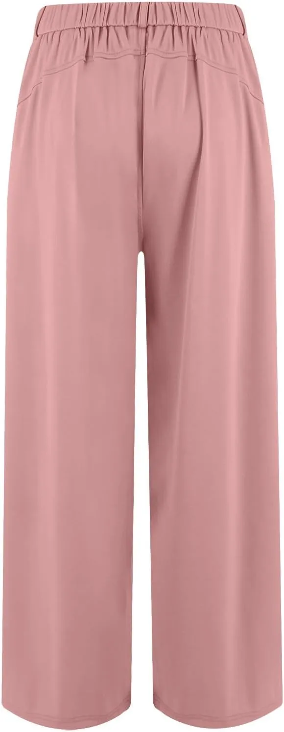 Wide Leg Pants for Women Business Palazzo Pants Lightweight High Waist Button Regular Long Trousers with Pockets