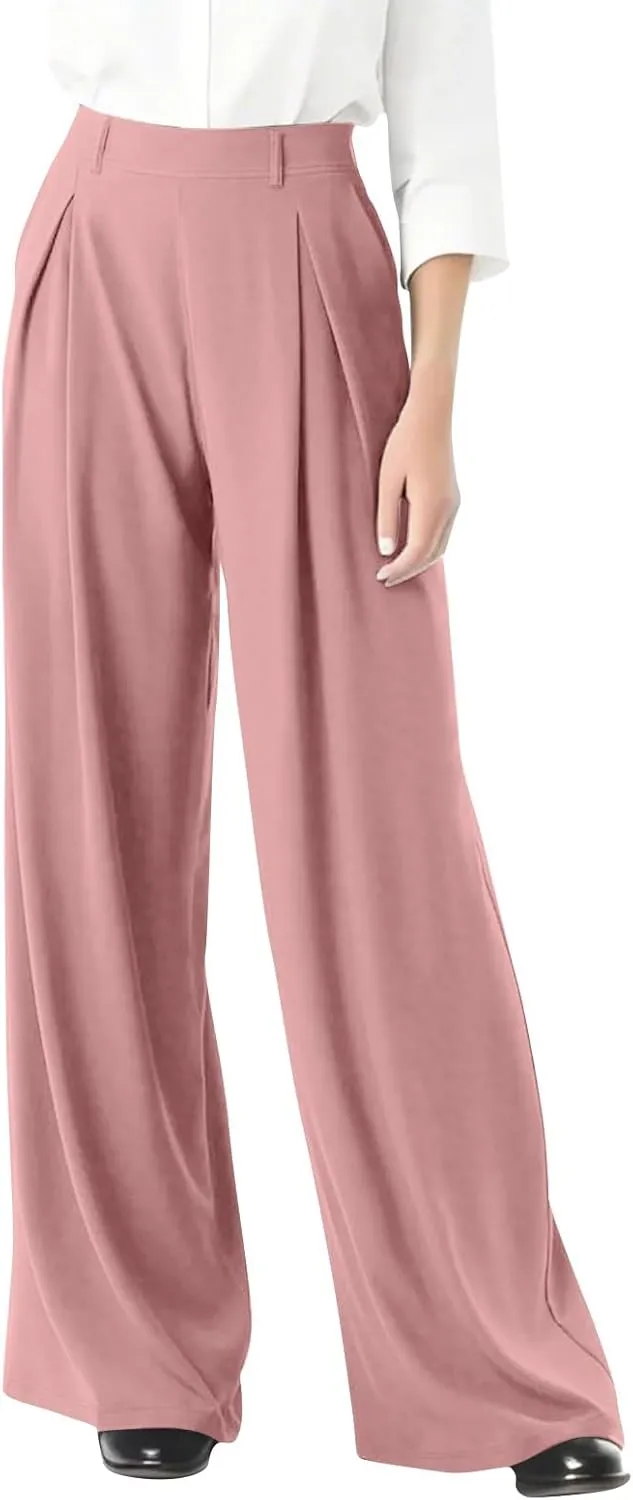 Wide Leg Pants for Women Business Palazzo Pants Lightweight High Waist Button Regular Long Trousers with Pockets