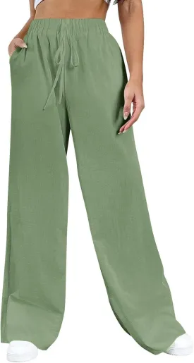 Wide Leg Pants Woman Summer Casual Flowly Slacks Trousers Beach Linen Solid Low Waist Travel Outfits with Pockets