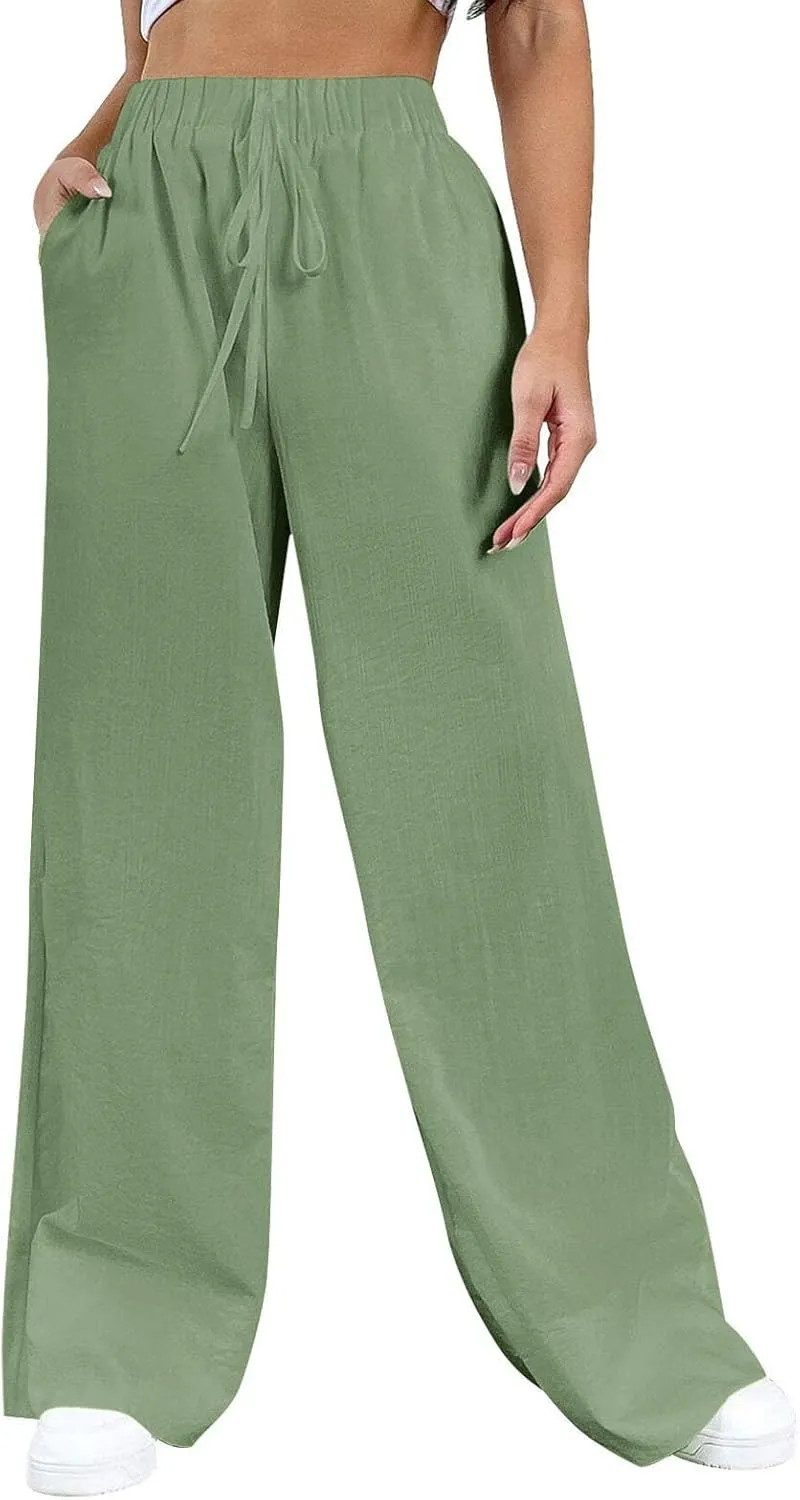 Wide Leg Pants Woman Summer Casual Flowly Slacks Trousers Beach Linen Solid Low Waist Travel Outfits with Pockets