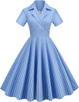Women Notch Lapel Vintage V-Neck Cocktail Swing Dress 50s 60s Button up 1950s Rockabilly Prom Midi Evening Dress with Pockets