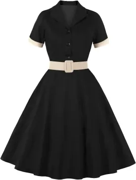 Women Notch Lapel Vintage V-Neck Cocktail Swing Dress 50s 60s Button up 1950s Rockabilly Prom Midi Evening Dress with Pockets