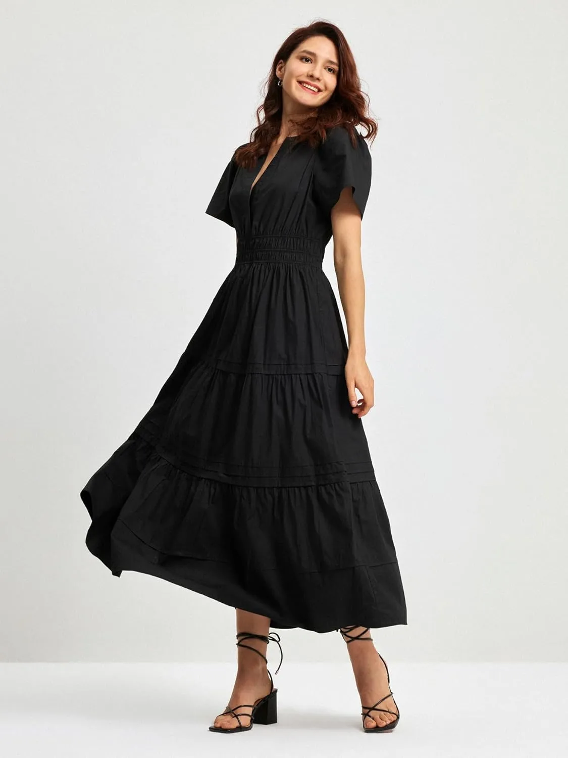 Women's Black Summer Dress Casual Long Maxi Short Sleeve Layered Cotton V Neck A Line Fashion Travel Dress 2025