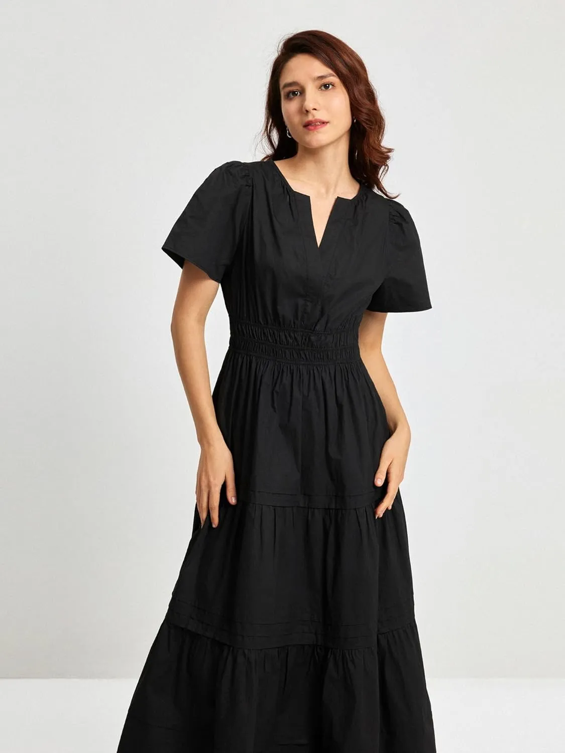 Women's Black Summer Dress Casual Long Maxi Short Sleeve Layered Cotton V Neck A Line Fashion Travel Dress 2025