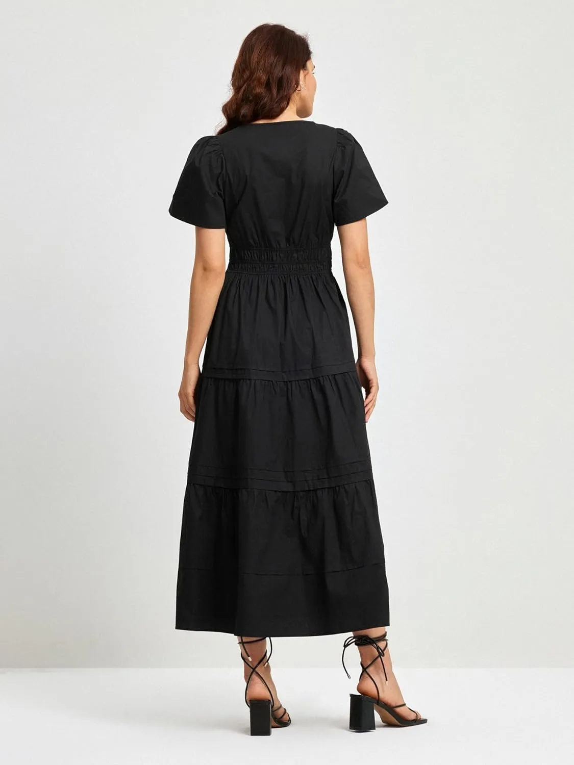 Women's Black Summer Dress Casual Long Maxi Short Sleeve Layered Cotton V Neck A Line Fashion Travel Dress 2025