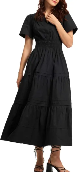 Women's Black Summer Dress Casual Long Maxi Short Sleeve Layered Cotton V Neck A Line Fashion Travel Dress 2025