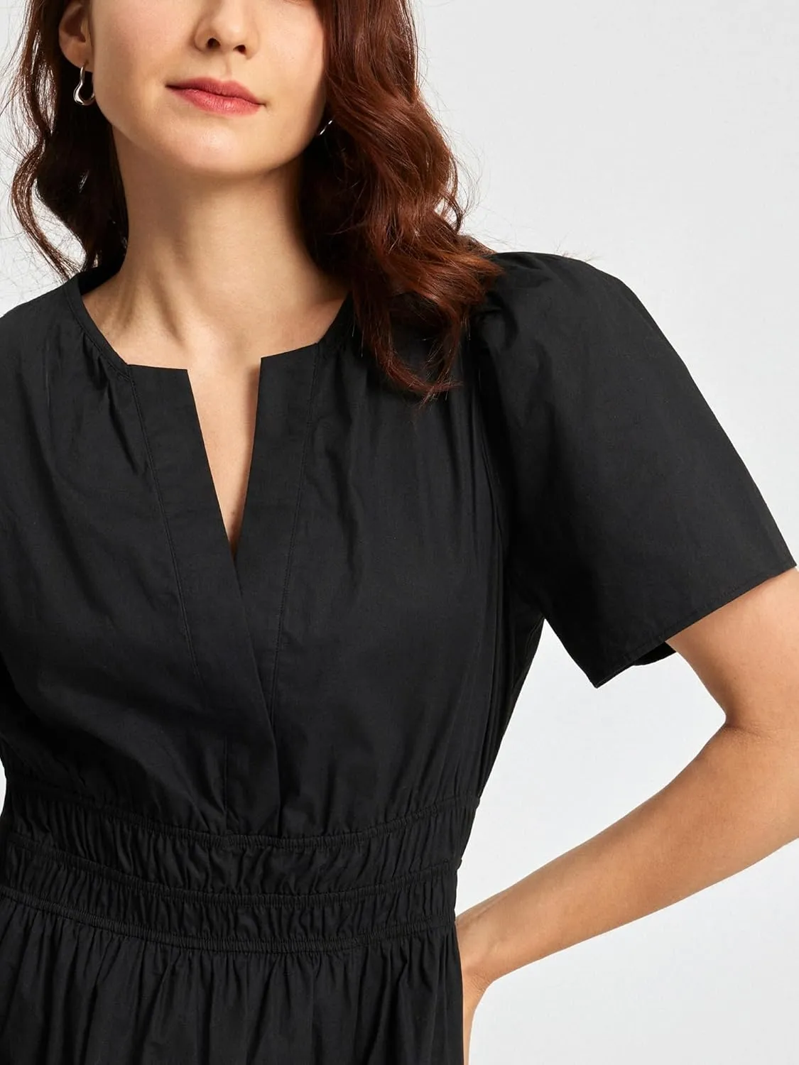 Women's Black Summer Dress Casual Long Maxi Short Sleeve Layered Cotton V Neck A Line Fashion Travel Dress 2025