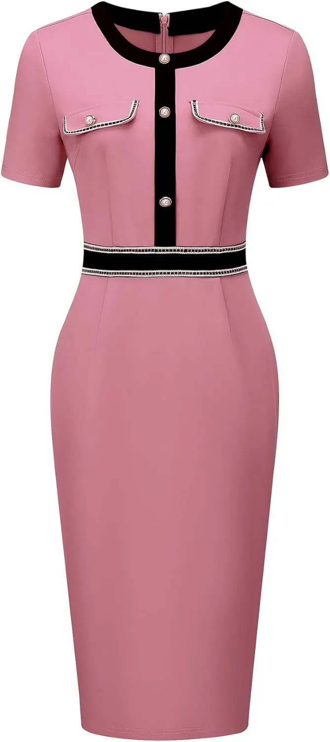 Women's Bodycon Pencil Dress Contrast Color Formal Work Knee Length Sheath Dresses