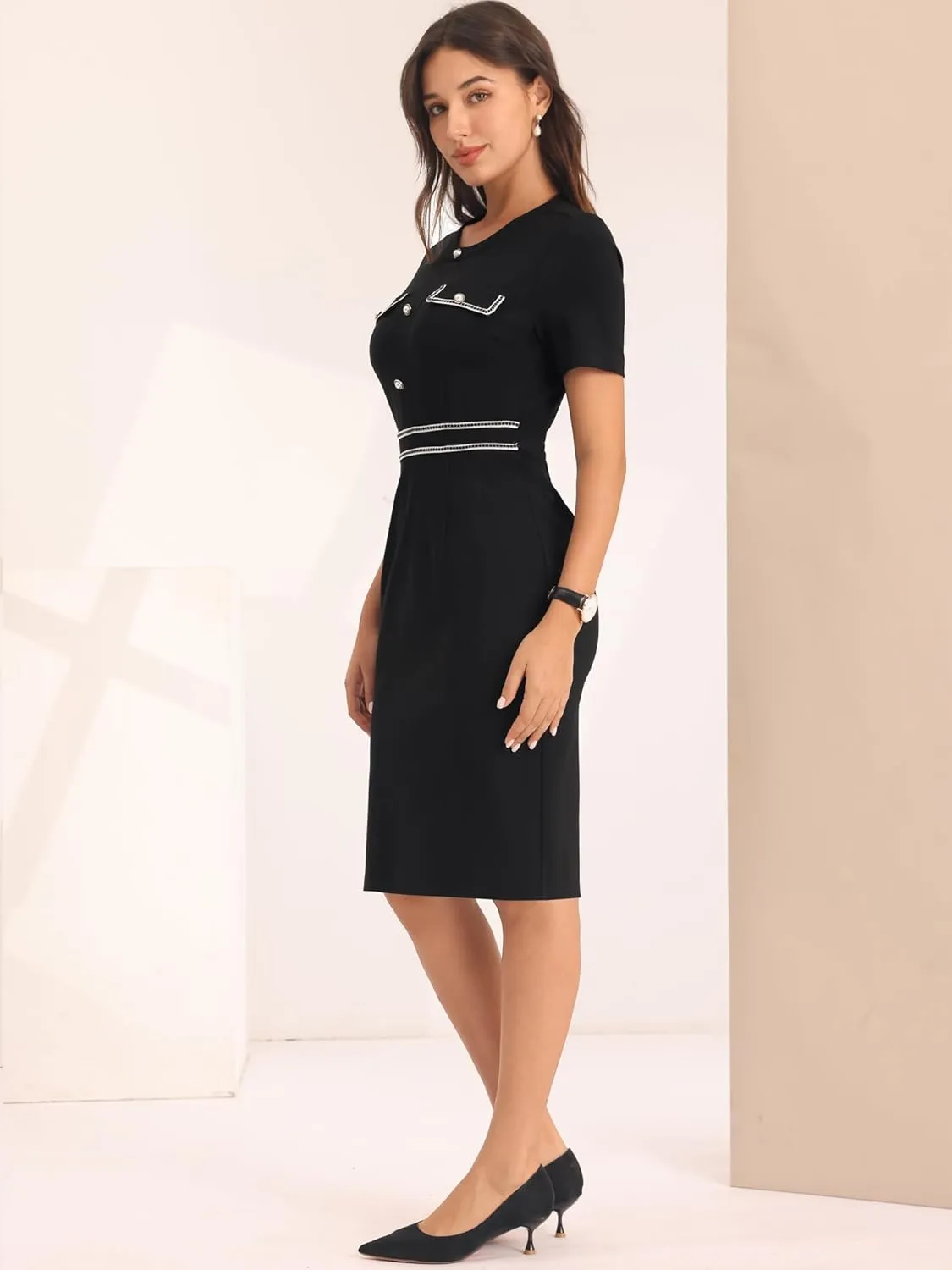 Women's Bodycon Pencil Dress Contrast Color Formal Work Knee Length Sheath Dresses