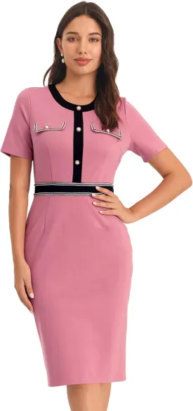 Women's Bodycon Pencil Dress Contrast Color Formal Work Knee Length Sheath Dresses