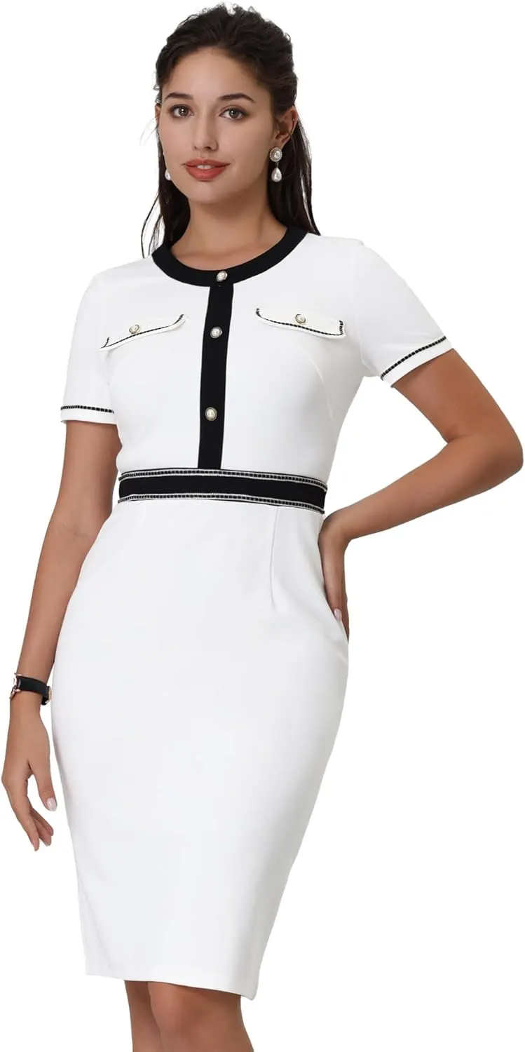 Women's Bodycon Pencil Dress Contrast Color Formal Work Knee Length Sheath Dresses