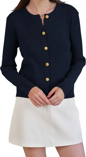 Women's Cardigan Sweater Lightweight Button Long Sleeve Top Fall Crew Neck Knit Solid Jackets Outfits