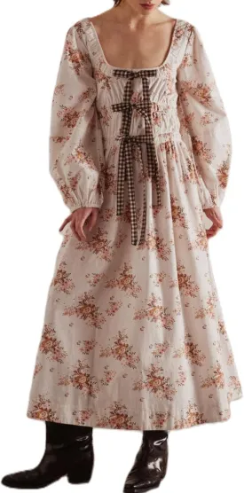 Womens Long Sleeve Gingham Dress with Bow Tie Milkmaid Fall Dresses Cottagecore Plaid Square Neck Boho Maxi Dress