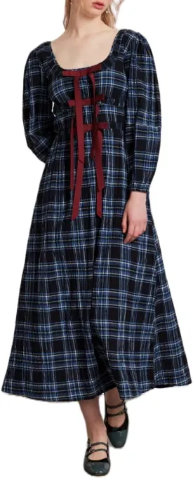 Womens Long Sleeve Gingham Dress with Bow Tie Milkmaid Fall Dresses Cottagecore Plaid Square Neck Boho Maxi Dress