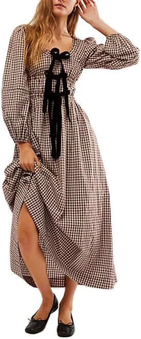 Womens Long Sleeve Gingham Dress with Bow Tie Milkmaid Fall Dresses Cottagecore Plaid Square Neck Boho Maxi Dress