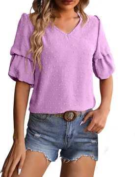 Womens Puff Sleeve Tops Dressy Casual V Neck Blouses Swiss Dot Balloon Short Sleeve Blouses Pom Pom Shirts Summer Tee
