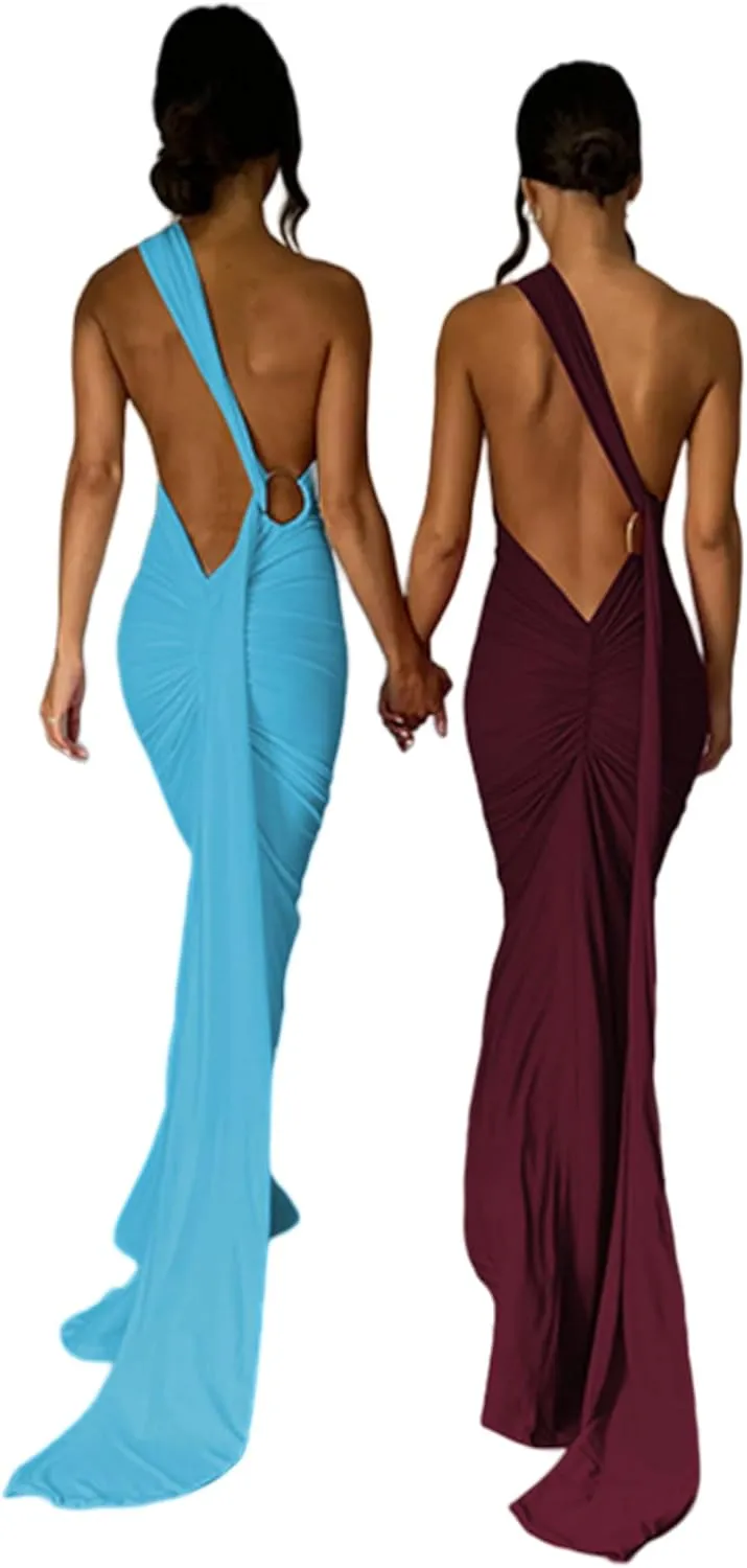 Women's Sexy One Shoulder Backless Maxi Dress Elegant Ruched O Ring Sleeveless Evening Dress Long Gown Cocktail Dress