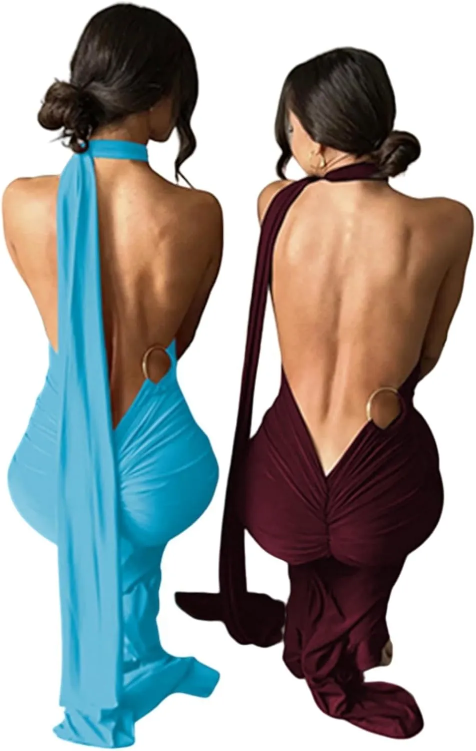 Women's Sexy One Shoulder Backless Maxi Dress Elegant Ruched O Ring Sleeveless Evening Dress Long Gown Cocktail Dress